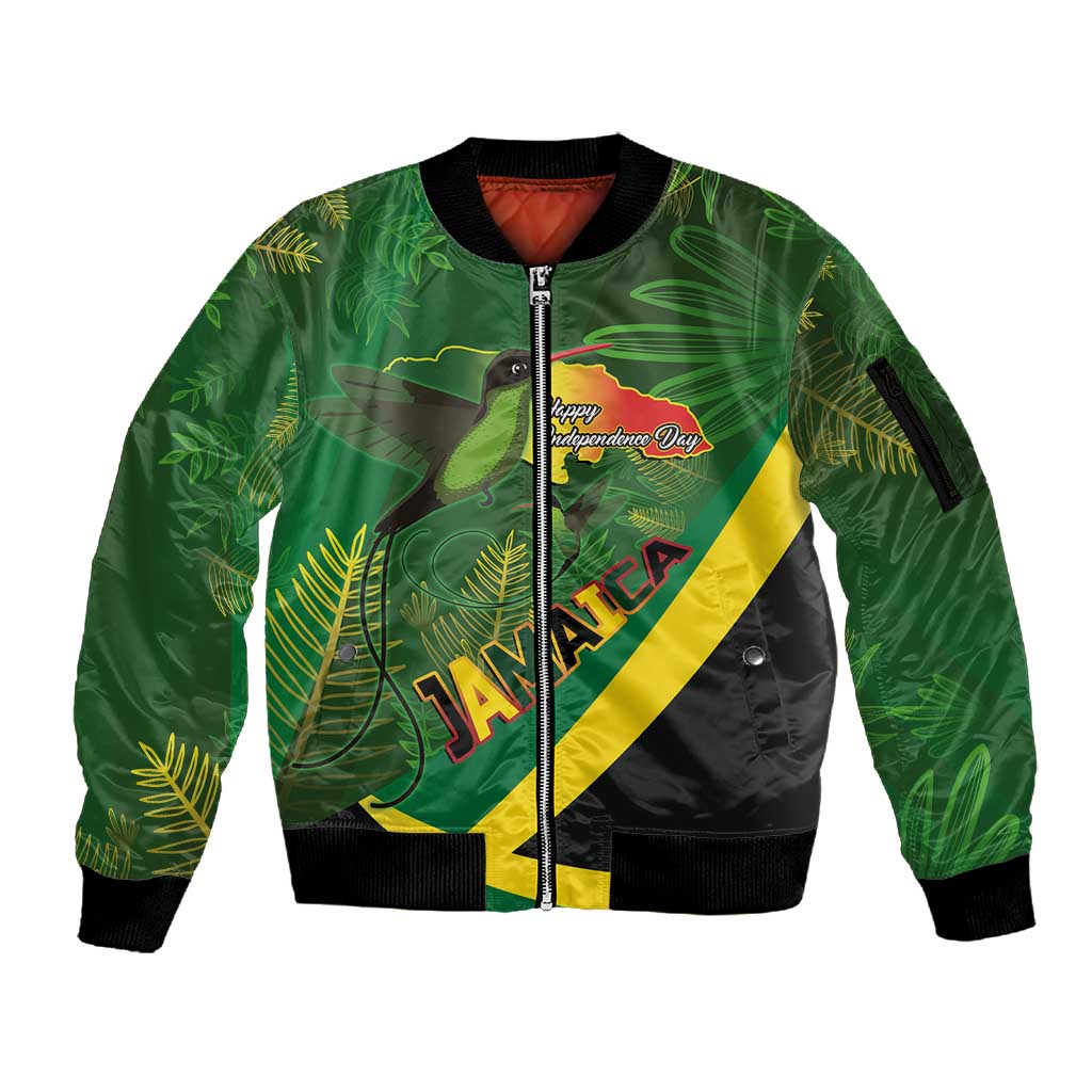 Afro Jamaica Independence Day Sleeve Zip Bomber Jacket Swallow-tail Hummingbird with Tropical Plants - African Pride