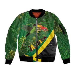 Afro Jamaica Independence Day Sleeve Zip Bomber Jacket Swallow-tail Hummingbird with Tropical Plants - African Pride