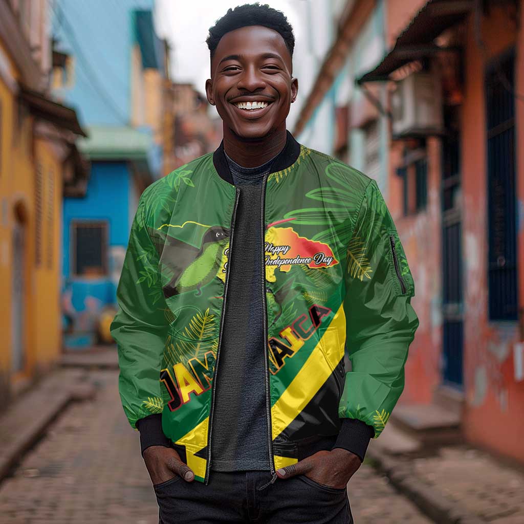 Afro Jamaica Independence Day Sleeve Zip Bomber Jacket Swallow-tail Hummingbird with Tropical Plants - African Pride