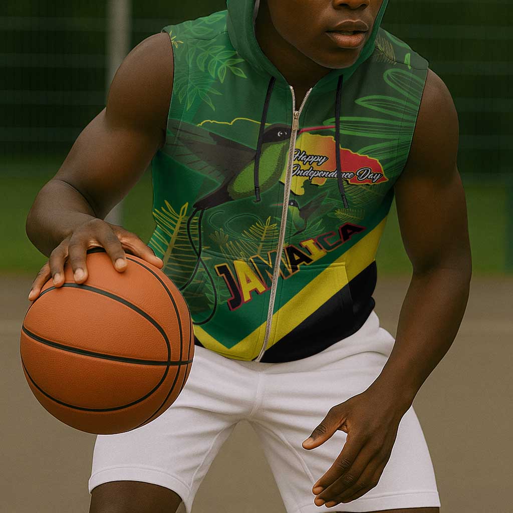 Afro Jamaica Independence Day Sleeveless Zip Hoodie Swallow-tail Hummingbird with Tropical Plants - African Pride