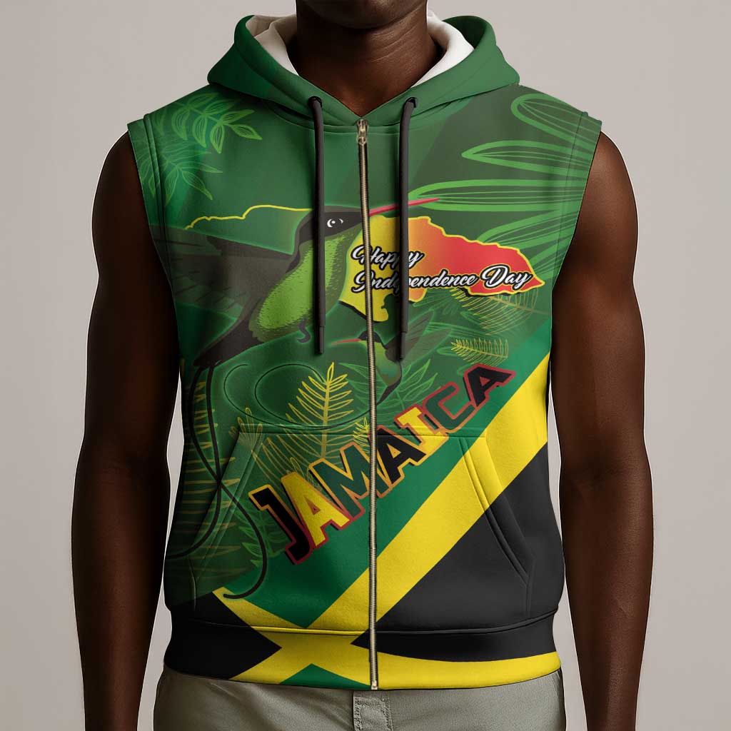 Afro Jamaica Independence Day Sleeveless Zip Hoodie Swallow-tail Hummingbird with Tropical Plants - African Pride