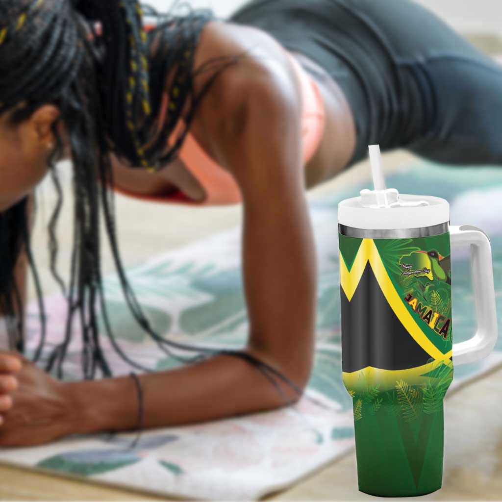 Afro Jamaica Independence Day Tumbler With Handle Swallow-tail Hummingbird with Tropical Plants - African Pride