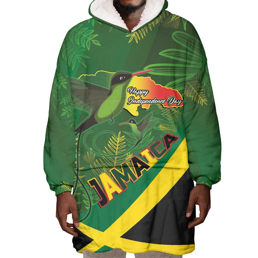 Afro Jamaica Independence Day Wearable Blanket Hoodie Swallow-tail Hummingbird with Tropical Plants - African Pride