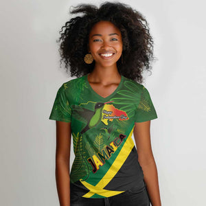 Afro Jamaica Independence Day Women V-Neck T-Shirt Swallow-tail Hummingbird with Tropical Plants - African Pride