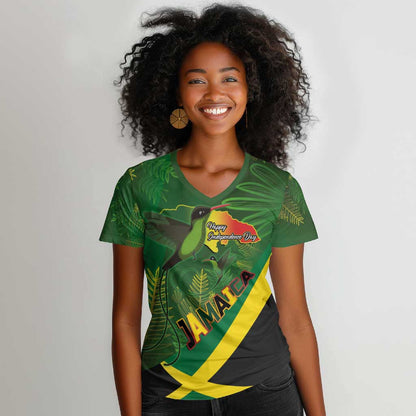 Afro Jamaica Independence Day Women V-Neck T-Shirt Swallow-tail Hummingbird with Tropical Plants - African Pride