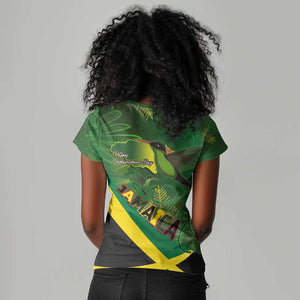 Afro Jamaica Independence Day Women V-Neck T-Shirt Swallow-tail Hummingbird with Tropical Plants - African Pride