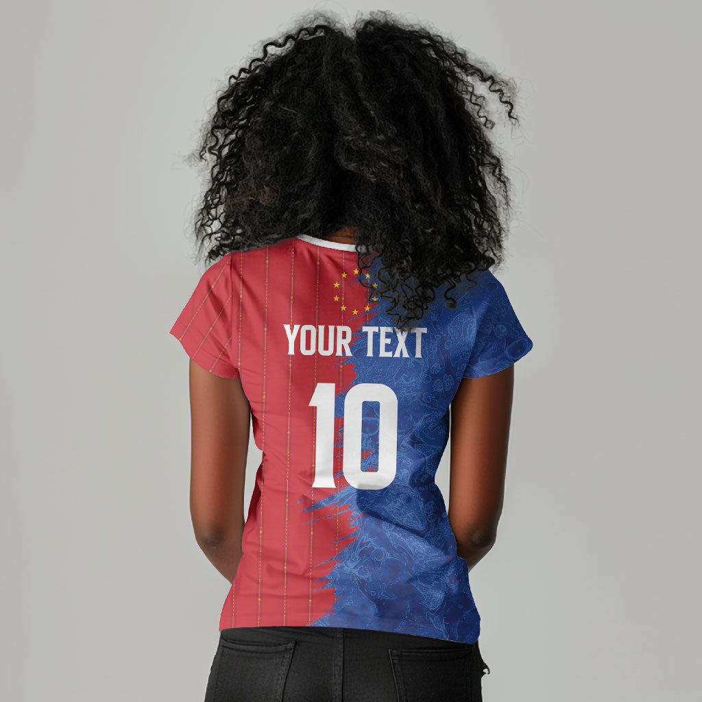 Custom Cape Verde Football 2026 Debut Women V-Neck T-Shirt Blue Sharks Stand Strong