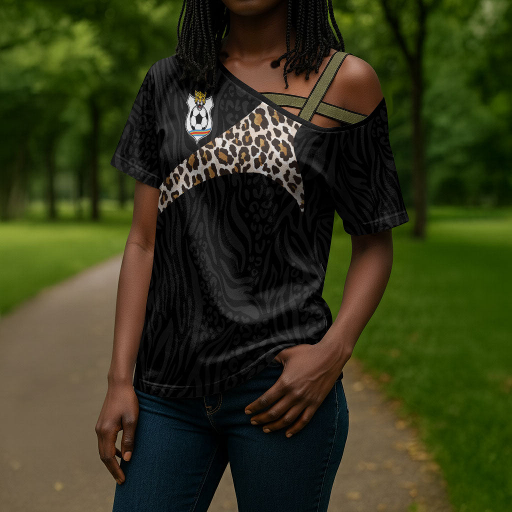 Custom DR Congo Football Cross Shoulder Shirt Leopards Texture Wild Black