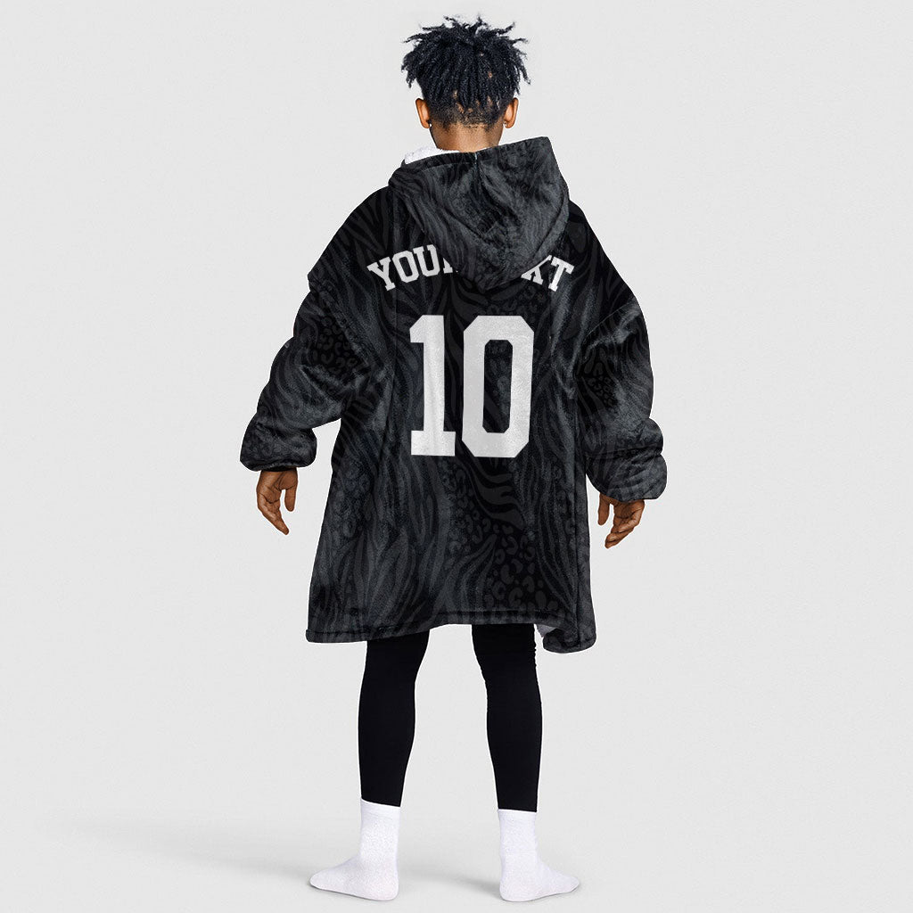 Custom DR Congo Football Kid Wearable Blanket Hoodie Leopards Texture Wild Black