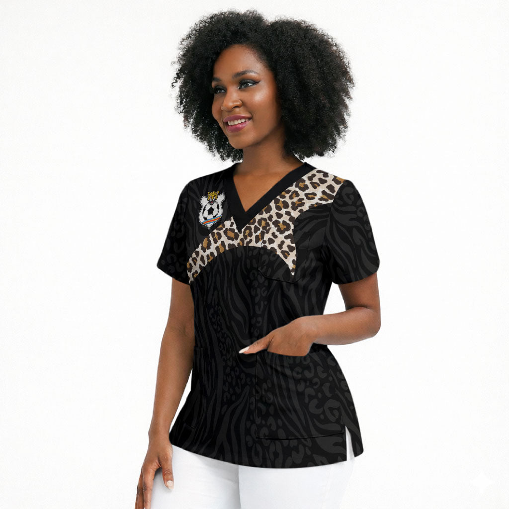 Custom DR Congo Football Scrub Top Leopards Texture Wild Black