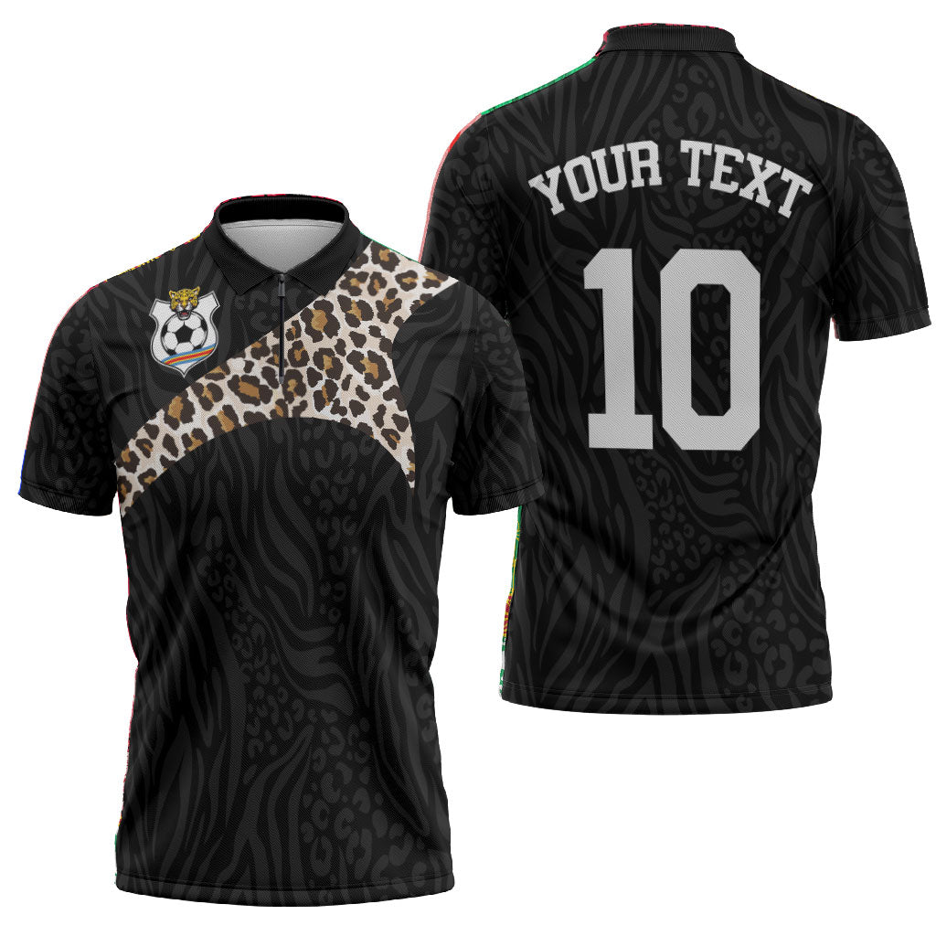 Custom DR Congo Football Zipper Polo Shirt Leopards Texture Wild Black
