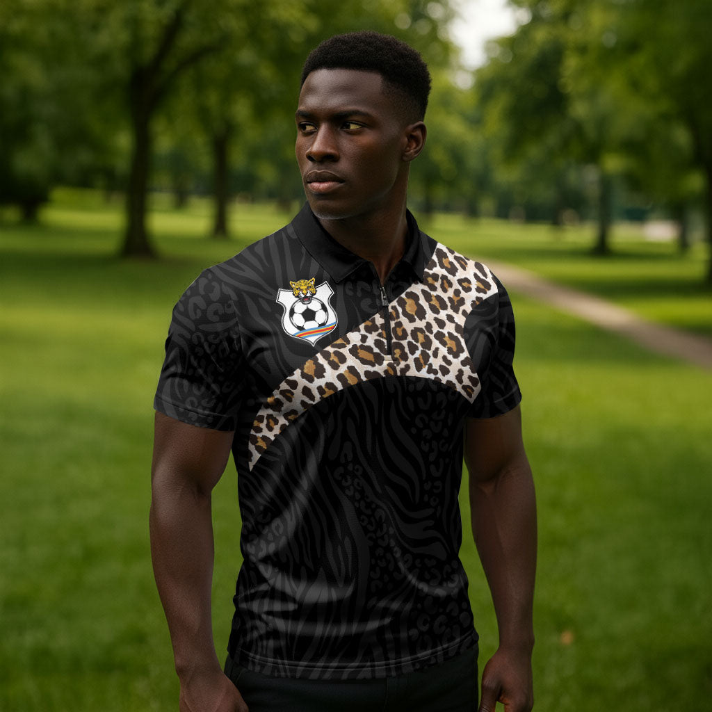 Custom DR Congo Football Zipper Polo Shirt Leopards Texture Wild Black