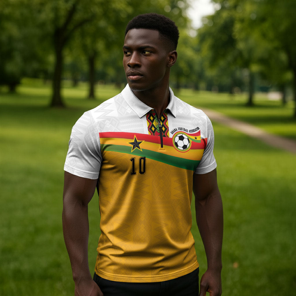 Custom Ghana Football Zipper Polo Shirt Abstract Flag and Kente Pattern