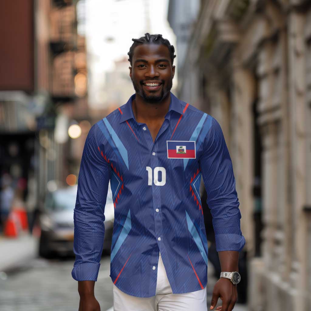 Custom Afro Haiti Football Long Sleeve Button Shirt Sporty Style - African Pride