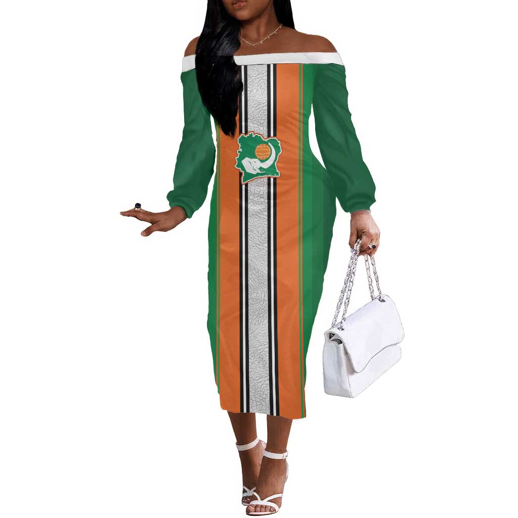 Custom Côte d'Ivoire National Football Off The Shoulder Long Sleeve Dress Les Elephants-Sporty Stripes - African Pride