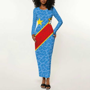 Custom DR Congo National Football Long Sleeve Bodycon Dress Leopards Go Glory - African Pride
