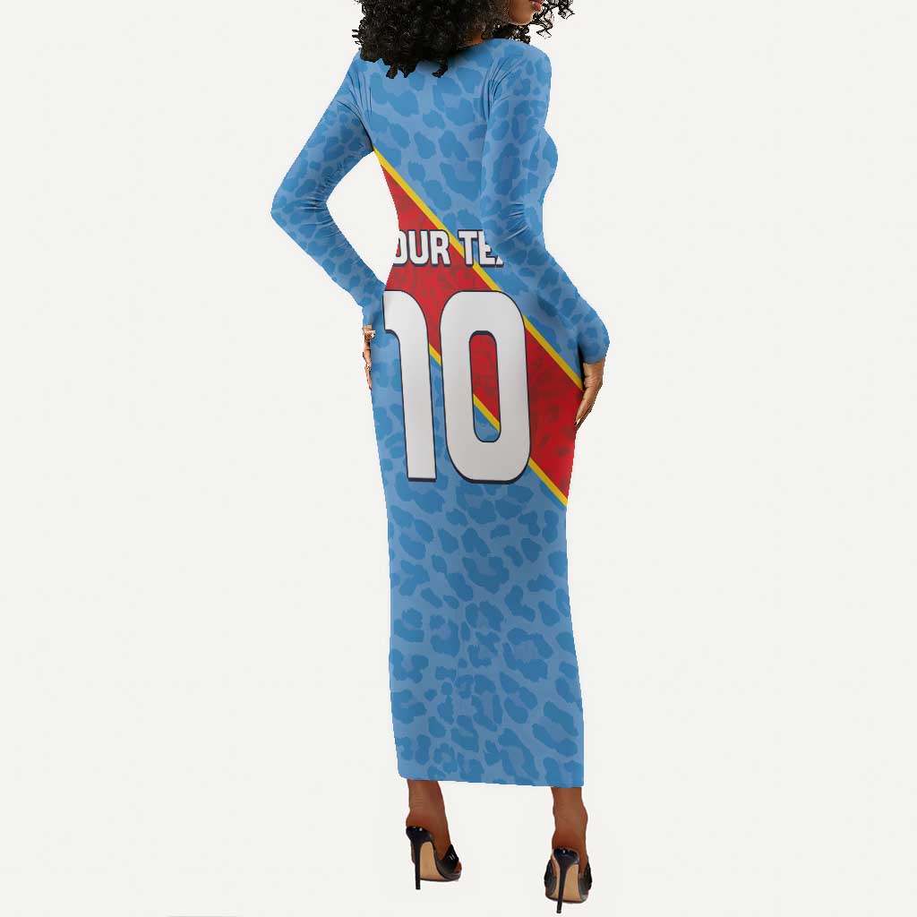 Custom DR Congo National Football Long Sleeve Bodycon Dress Leopards Go Glory - African Pride