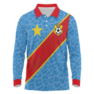 Custom DR Congo National Football Long Sleeve Polo Shirt Leopards Go Glory - African Pride