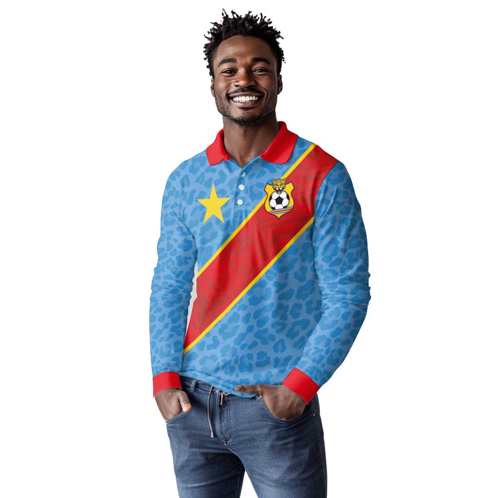 Custom DR Congo National Football Long Sleeve Polo Shirt Leopards Go Glory - African Pride