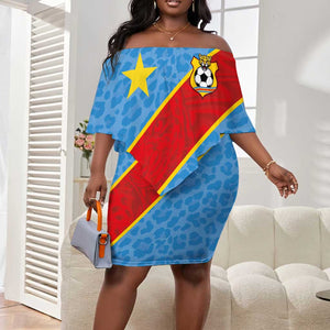 Custom DR Congo National Football Off Shoulder Short Dress Leopards Go Glory - African Pride