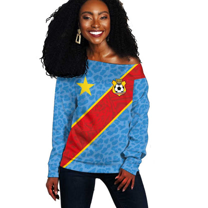Custom DR Congo National Football Off Shoulder Sweater Leopards Go Glory - African Pride