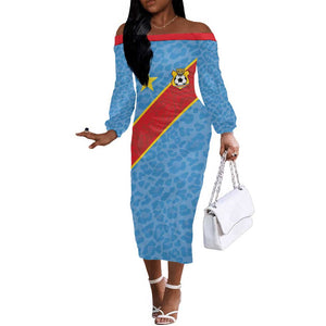 Custom DR Congo National Football Off The Shoulder Long Sleeve Dress Leopards Go Glory - African Pride