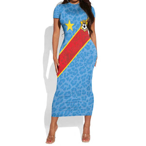Custom DR Congo National Football Short Sleeve Bodycon Dress Leopards Go Glory - African Pride