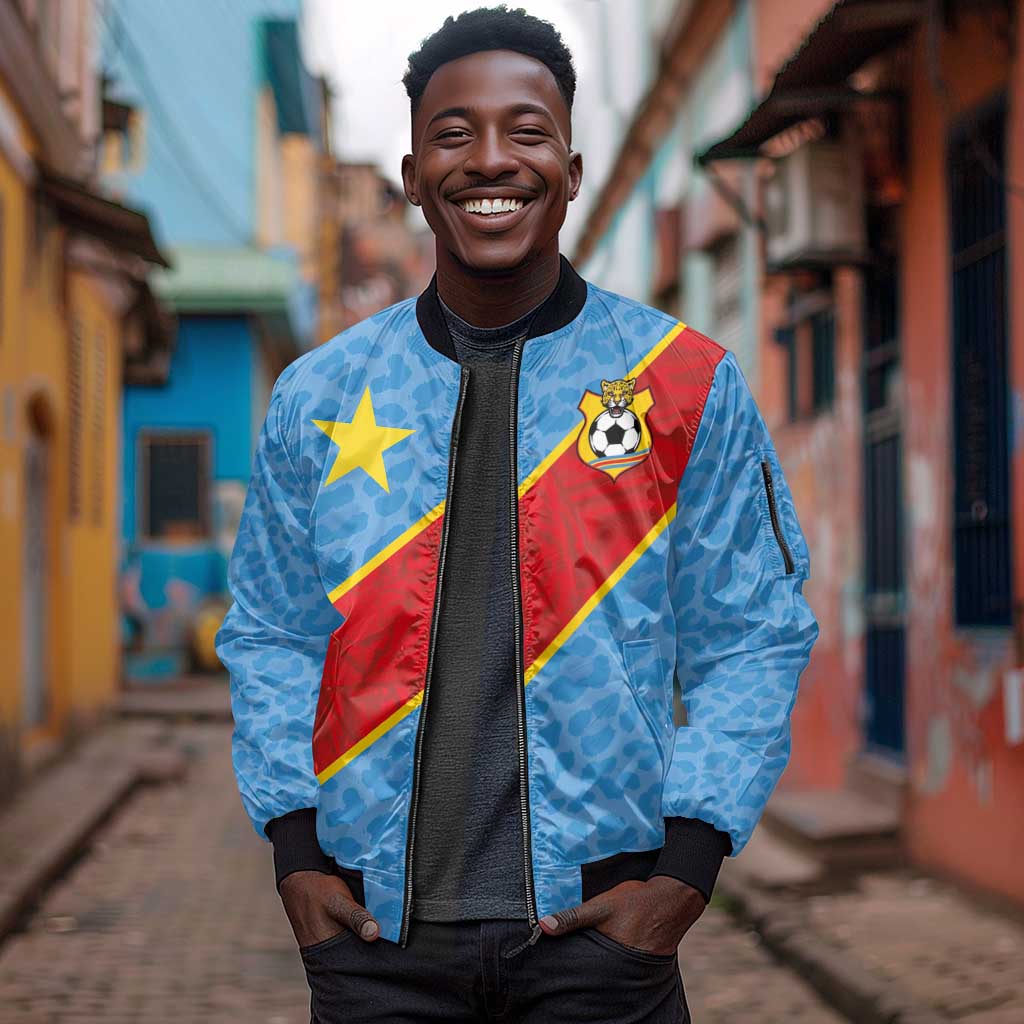 Custom DR Congo National Football Sleeve Zip Bomber Jacket Leopards Go Glory - African Pride