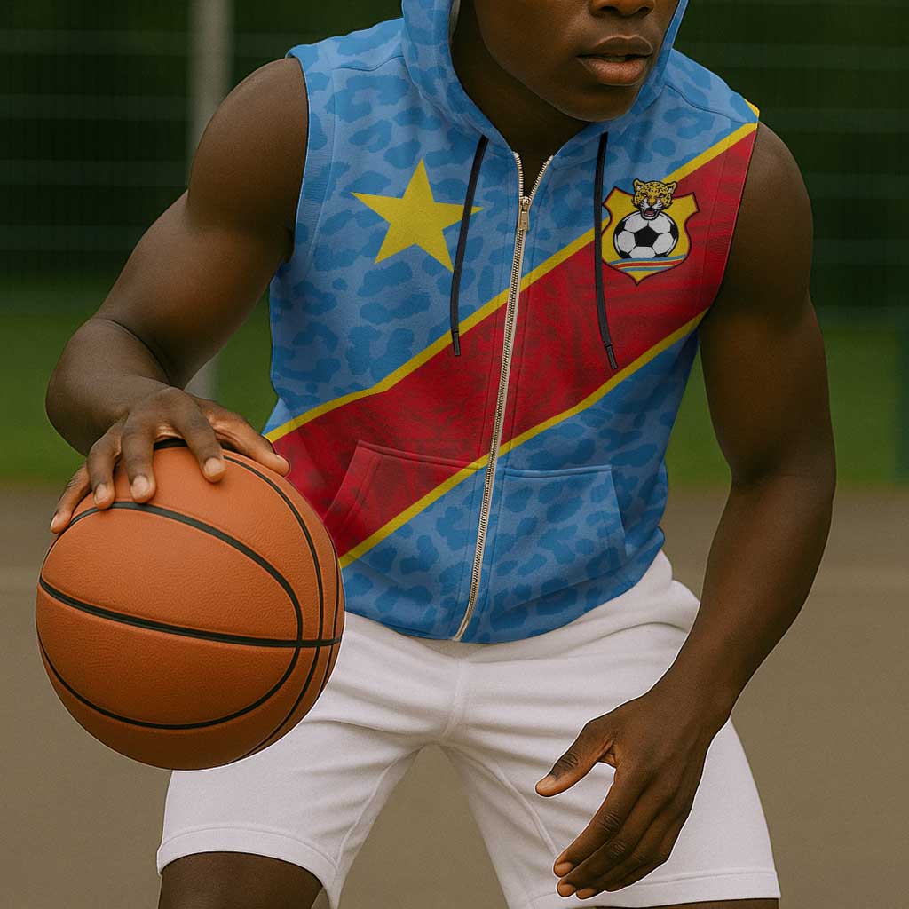 Custom DR Congo National Football Sleeveless Zip Hoodie Leopards Go Glory - African Pride