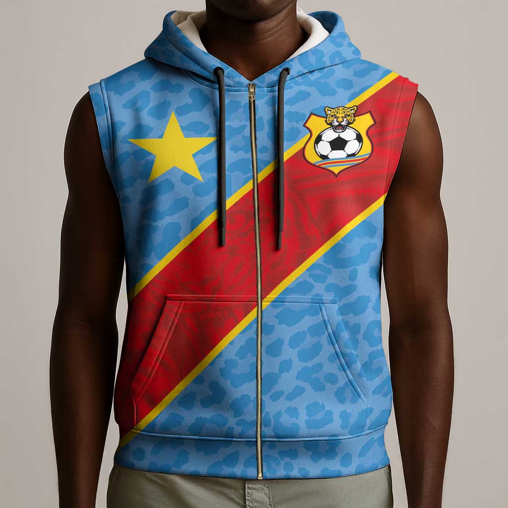 Custom DR Congo National Football Sleeveless Zip Hoodie Leopards Go Glory - African Pride