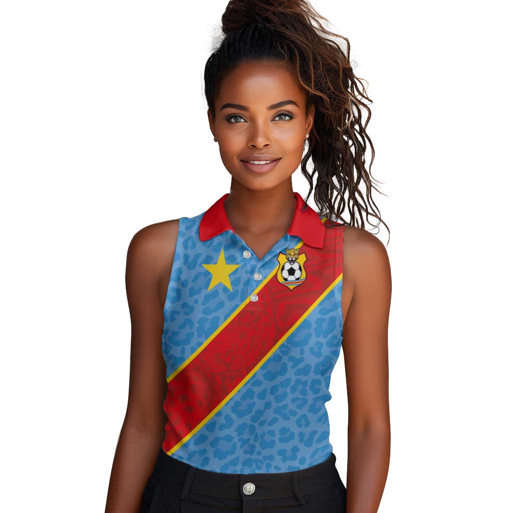Custom DR Congo National Football Women Sleeveless Polo Shirt Leopards Go Glory - African Pride