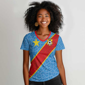 Custom DR Congo National Football Women V-Neck T-Shirt Leopards Go Glory - African Pride