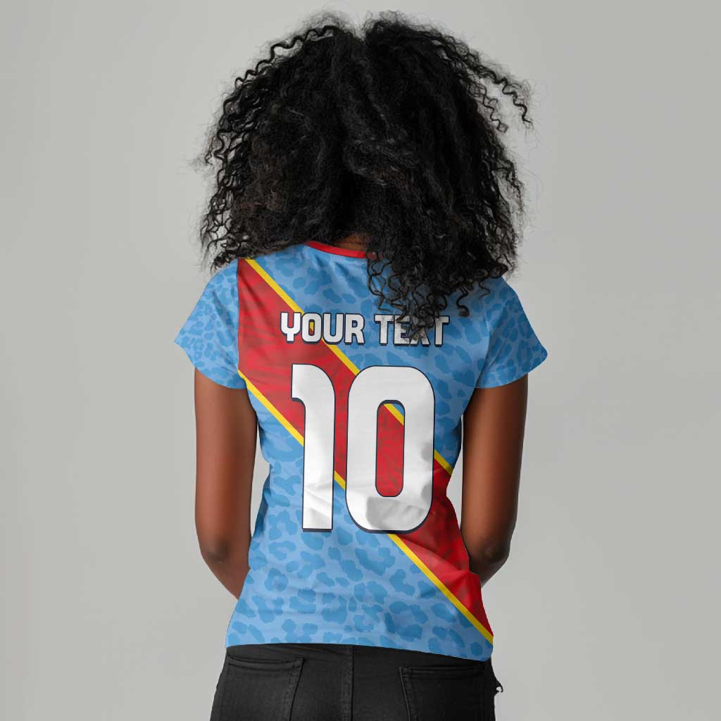 Custom DR Congo National Football Women V-Neck T-Shirt Leopards Go Glory - African Pride