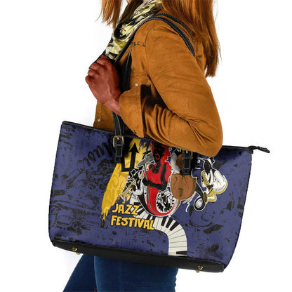 Afro-Barbados Jazz Festival Leather Tote Bag Abstract Jazz Art
