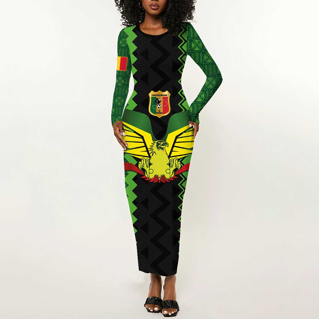 Custom Mali Football Long Sleeve Bodycon Dress Les Aigles-Green, Gold & Red LT03