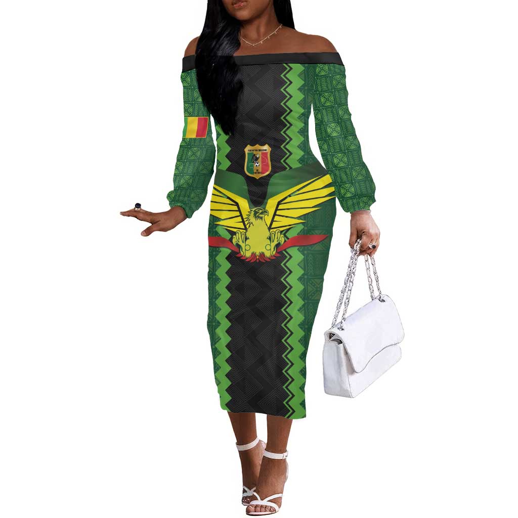 Custom Mali Football Off The Shoulder Long Sleeve Dress Les Aigles-Green, Gold & Red