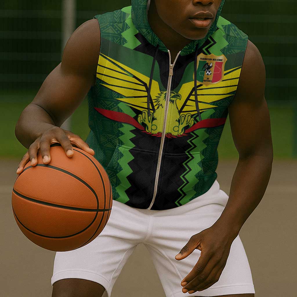 Custom Mali Football Sleeveless Zip Hoodie Les Aigles-Green, Gold & Red - African Pride