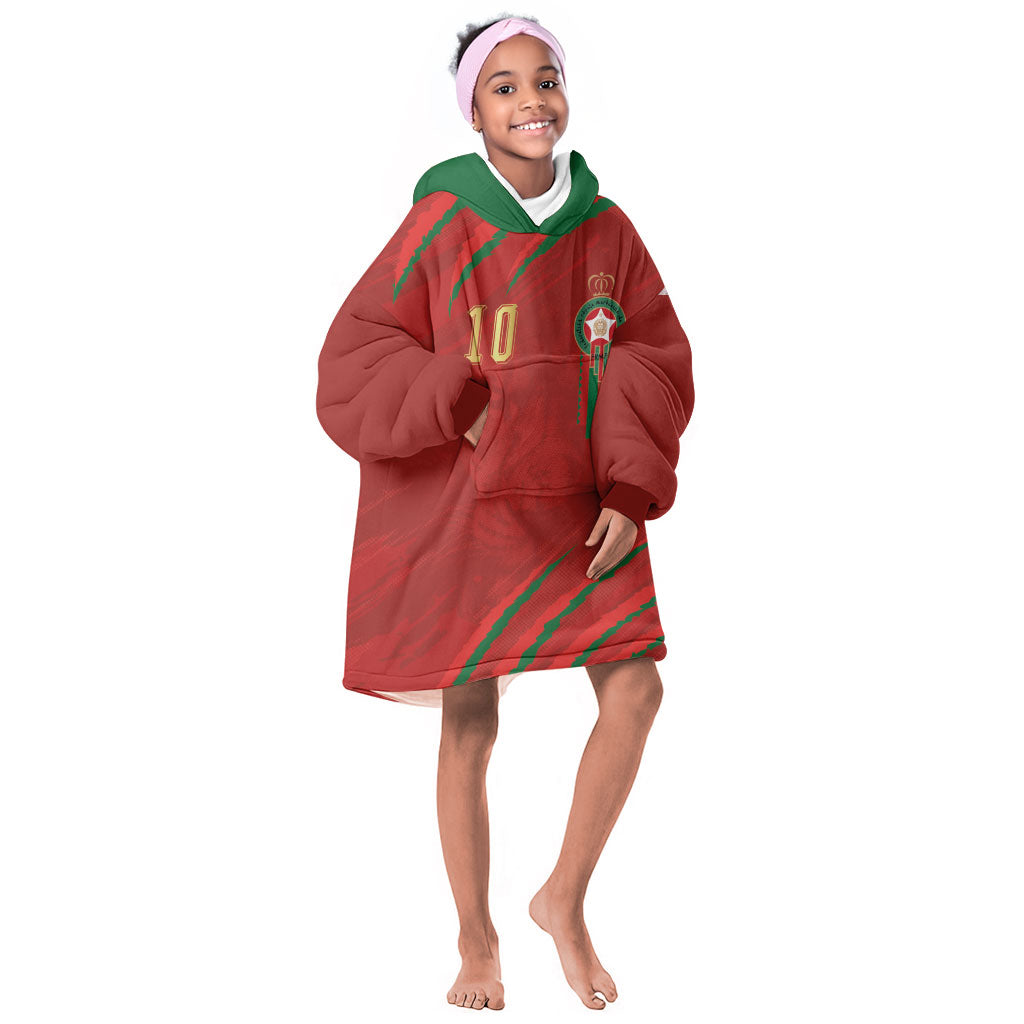 Custom Morocco National Football Kid Wearable Blanket Hoodie Atlas Lions-Claws