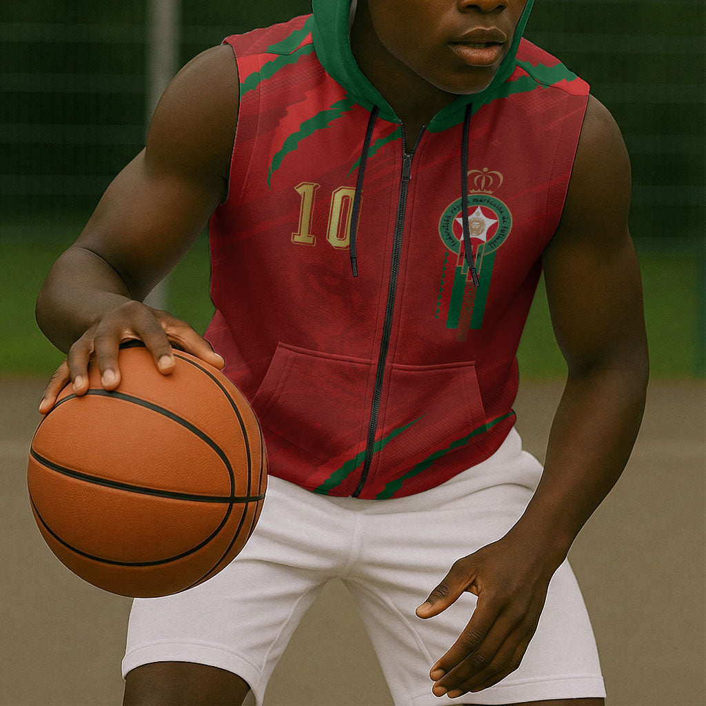 Custom Morocco National Football Sleeveless Zip Hoodie Atlas Lions-Claws
