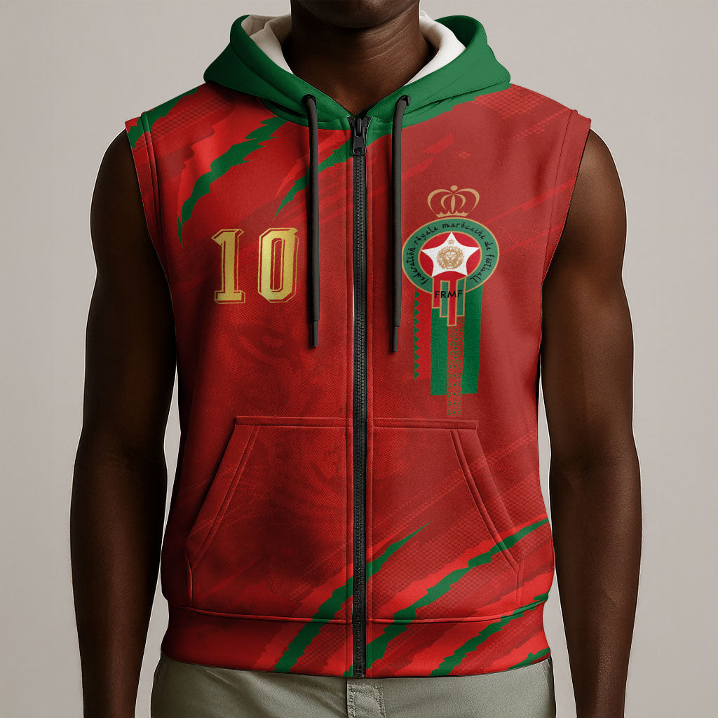Custom Morocco National Football Sleeveless Zip Hoodie Atlas Lions-Claws
