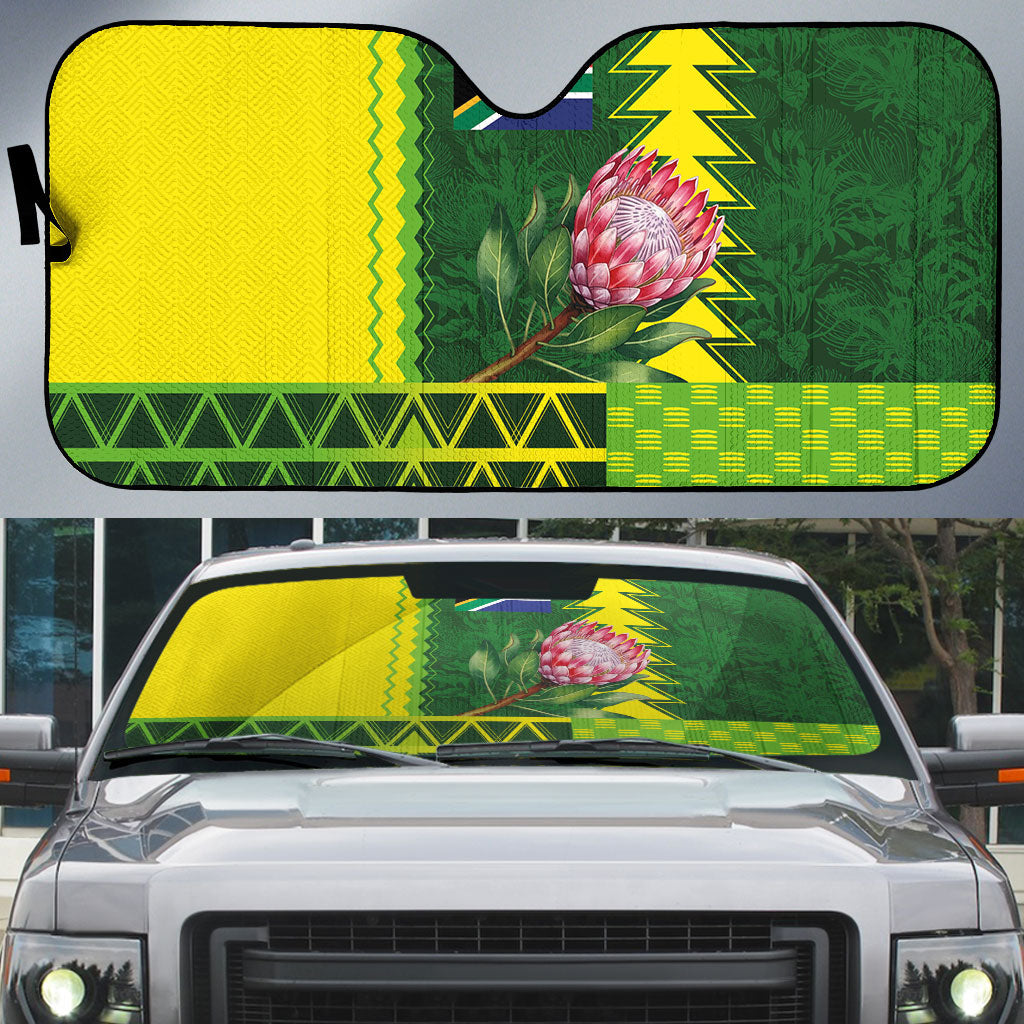 South Africa National Football Auto Sun Shade King Protea with African Tribal Geometric Pattern Culture Art