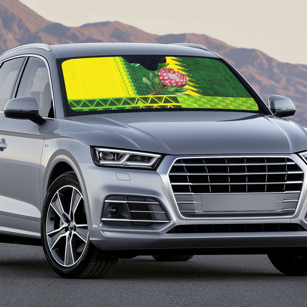 South Africa National Football Auto Sun Shade King Protea with African Tribal Geometric Pattern Culture Art