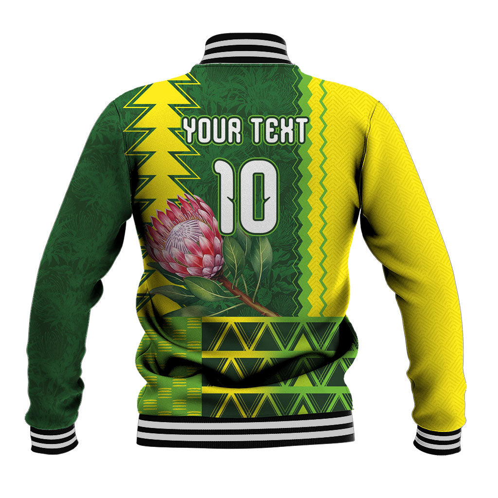 Custom South Africa National Football Baseball Jacket King Protea with African Tribal Geometric Pattern Culture Art