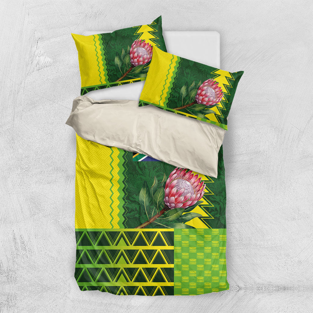 South Africa National Football Bedding Set King Protea with African Tribal Geometric Pattern Culture Art
