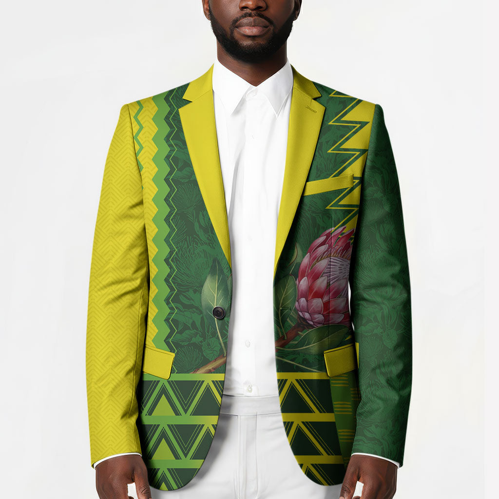 Custom South Africa National Football Blazer King Protea with African Tribal Geometric Pattern Culture Art