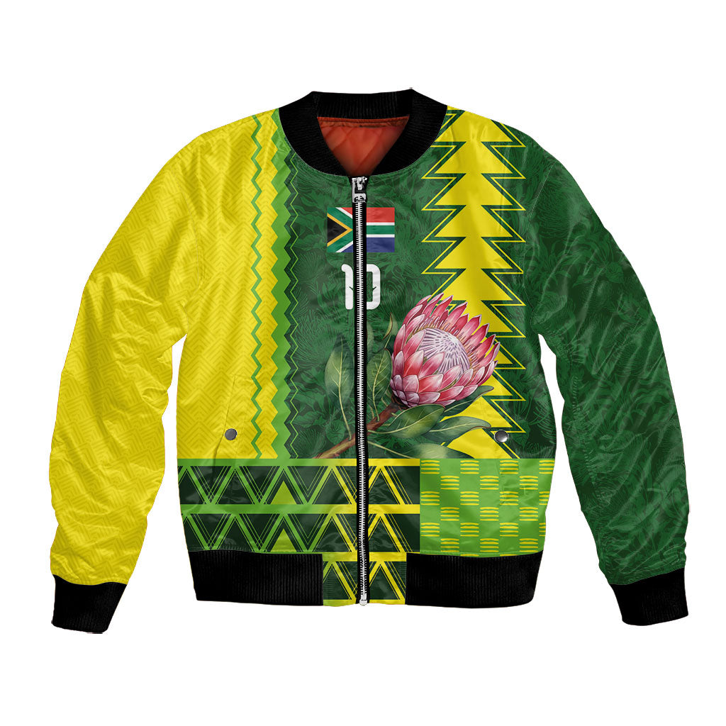 Custom South Africa National Football Bomber Jacket King Protea with African Tribal Geometric Pattern Culture Art