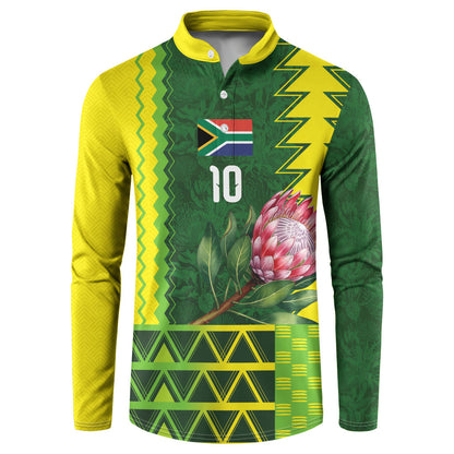Custom South Africa National Football Button Sweatshirt King Protea with African Tribal Geometric Pattern Culture Art