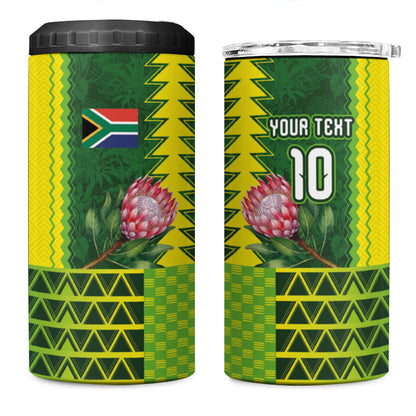Custom South Africa National Football 4 in 1 Can Cooler Tumbler King Protea with African Tribal Geometric Pattern Culture Art