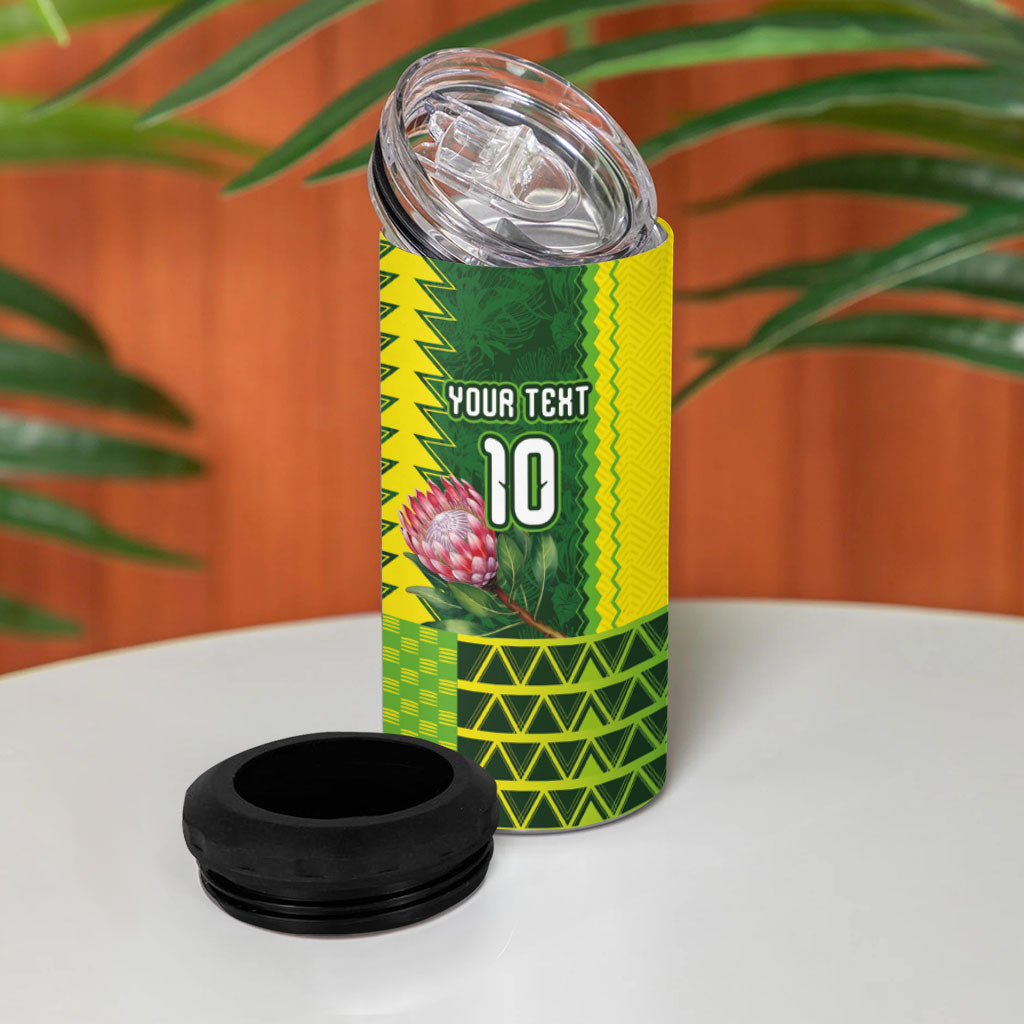 Custom South Africa National Football 4 in 1 Can Cooler Tumbler King Protea with African Tribal Geometric Pattern Culture Art