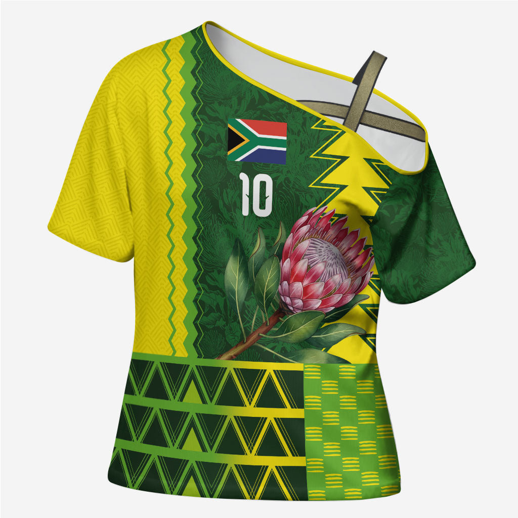 Custom South Africa National Football Cross Shoulder Shirt King Protea with African Tribal Geometric Pattern Culture Art